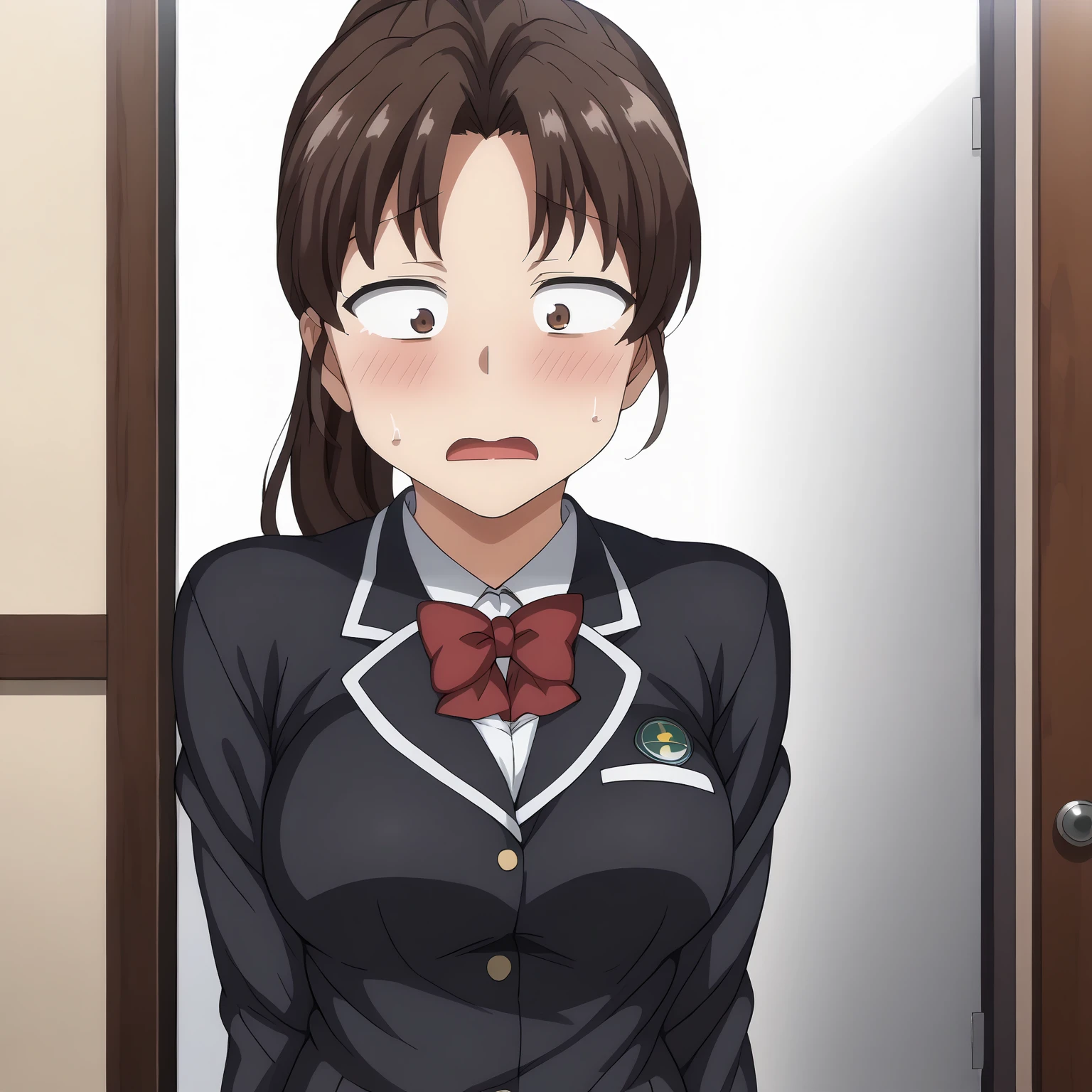 <lora:YuukoKawashimaXLpony002>,
blush,sweat,surprised,half-closed eyes,
solo,
YuukoKawashima,1girl,black brown hair,ponytail,brown eyes,sanpaku,
school_uniform,black blazer,red bowtie,