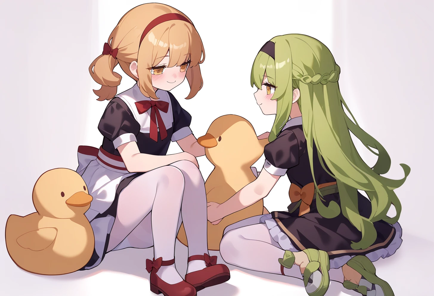 2girls,
tsubasa tsubasa,
adult, white pantyhose, medium quality, looking to the side, dress, holding, shoes, unworn shoes, stuffed animal, holding stuffed toy, sitting, pantyhose, green hair, puffy short sleeves, chair, short dress, hairband, white background, smile, red hairband, character doll, stuffed toy, curly hair, puffy sleeves, long hair, sash, bone, black dress, green footwear, stuffed duck, simple background, looking at another, red bow, bow, child, yellow eyes, closed mouth, bowtie, closed eyes, eyelashes, red footwear, short sleeves, blush,
newest, masterpiece, general
<lora:tsubasa_tsubasa_v1.1-000048:1>