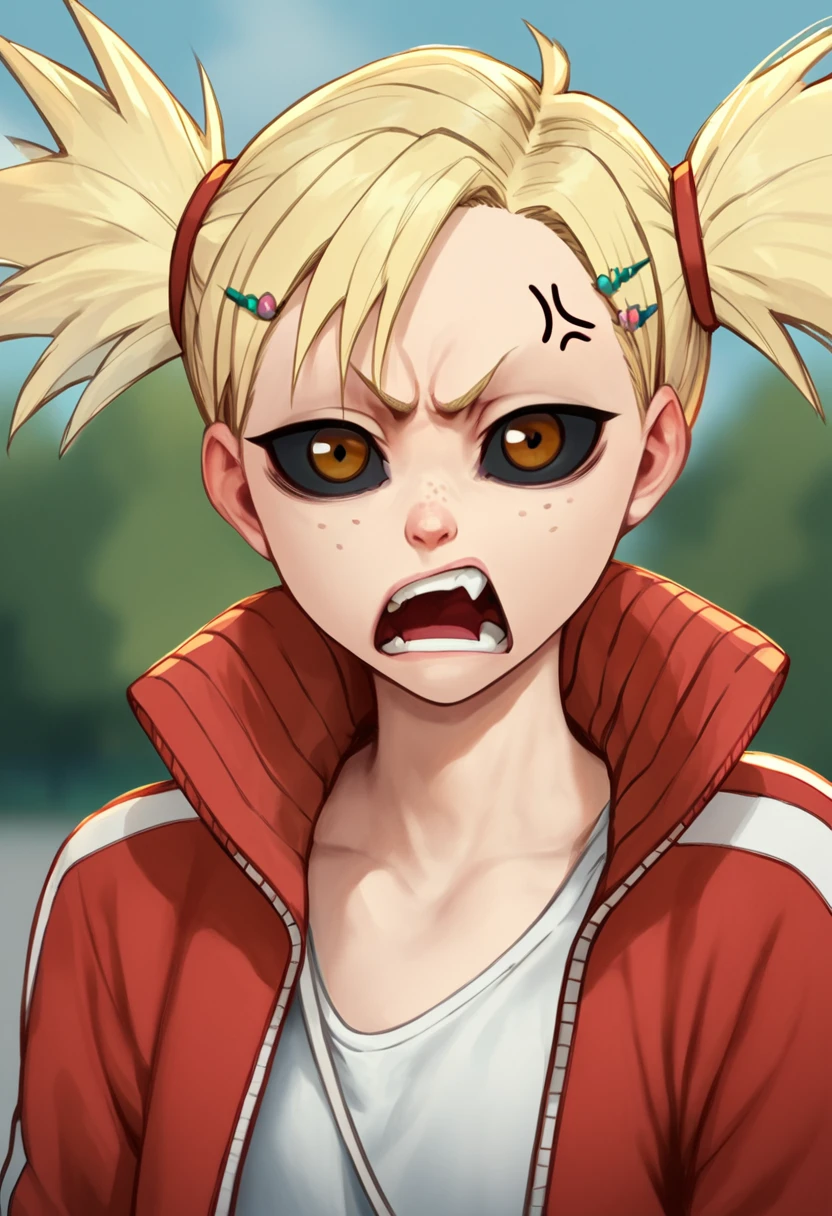 hiyorisarugaki, 1girl, blonde hair, solo, track jacket, hairclip,clenched teeth, short twintails, freckles, brown eyes, tank top, angry, outdoors, anger vein, looking at viewer ,open mouth, <lora:HiyoriSarugakiPony1.2:1>, score_9, score_8_up, score_7_up, score_6_up, score_5_up, score_4_up, looking at viewer,track suit black sclera,