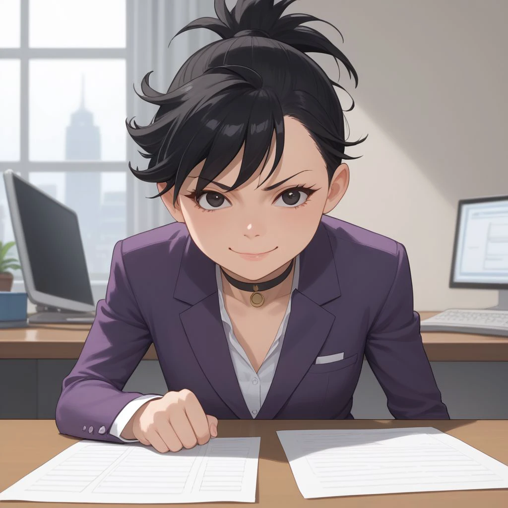 score_9, score_8, score_7, BREAK, dororo, female child, small body, young face, black hair, ponytail, choker, black eyes, purple suit, smirk, office