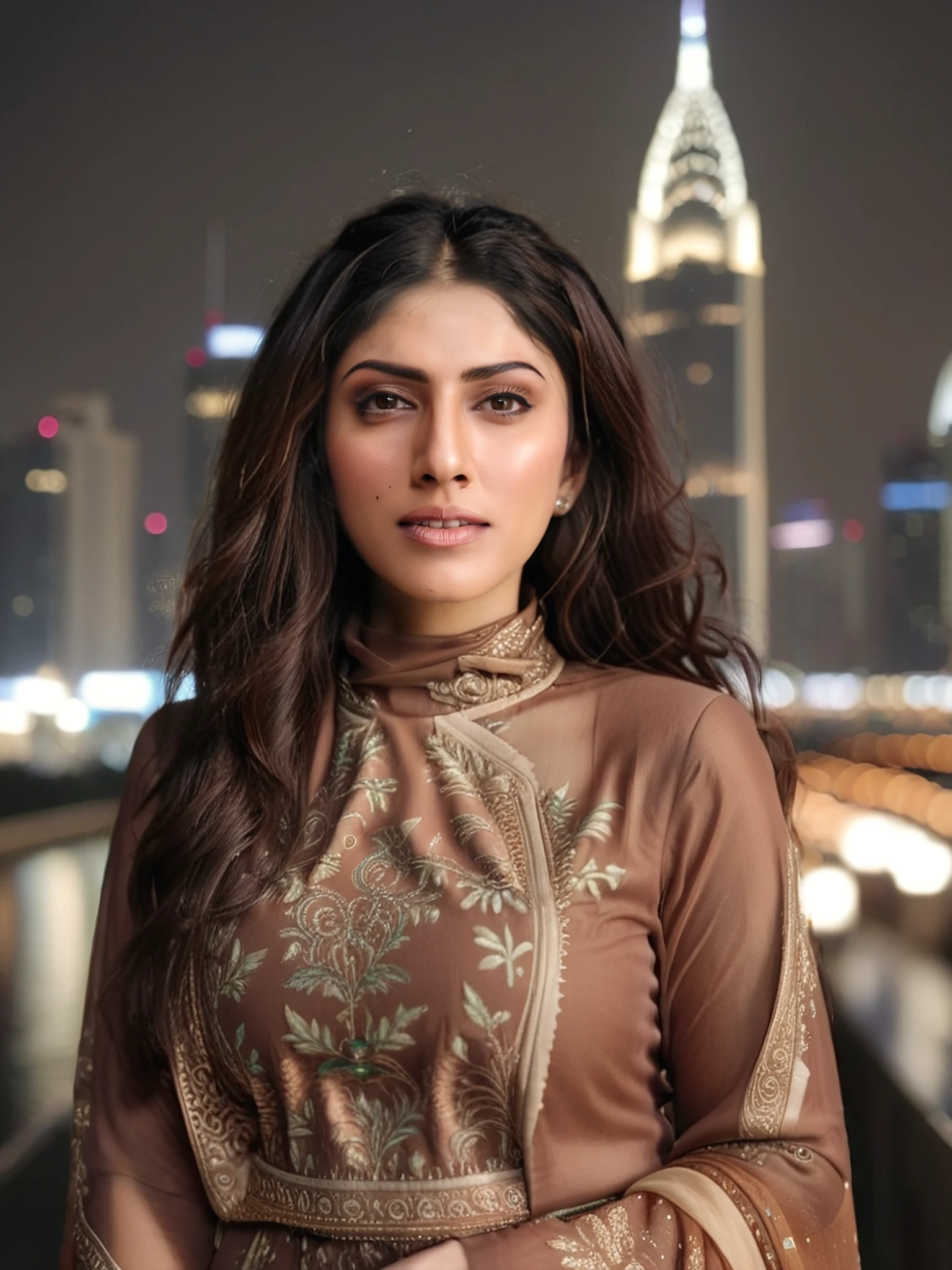 photo of a Sapna Pabbi woman,  wearing conservative Brown colored intricate high neck salwar kameez, dynamic pose, Looking at the camera, tied_hair, soft lighting, night time, city lights in bokeh   <lora:Sapna_Pabbi_SDXL_LoRA_adafactor:1>