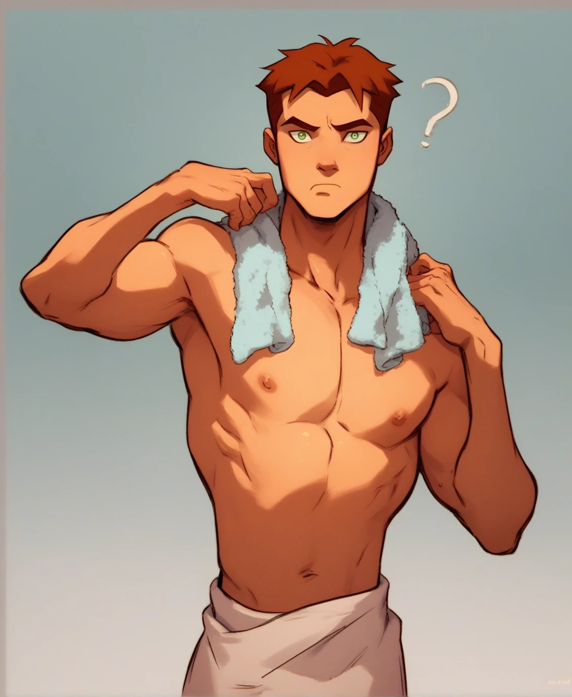 <lora:Wally_west:1> score_9, score_8_up, score_7_up, kid flash, solo, muscular male, brown hair, short hair, confused, pectorals, looking at viewer, topless, towel around neck, green eyes,