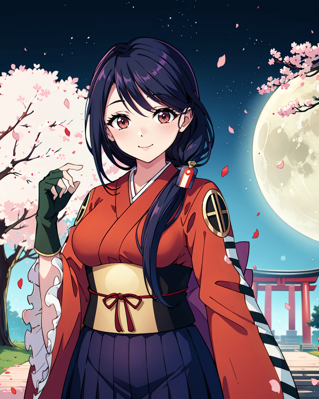 masterpiece, high quality, pmmmmikototsubaki, 1girl, upper body, medium shot, looking at viewer, black hair, red eyes, ponytail, amulet in hair, red with black kimono with white edgings, red bow tied thread on waist, green fingerless gloves, long purple skirt, light smile, outdoors, shrine, night, cherry blossoms, sky, stars, moon, dynamic pose,  <lora:pmmmmikototsubaki-08:0.7>