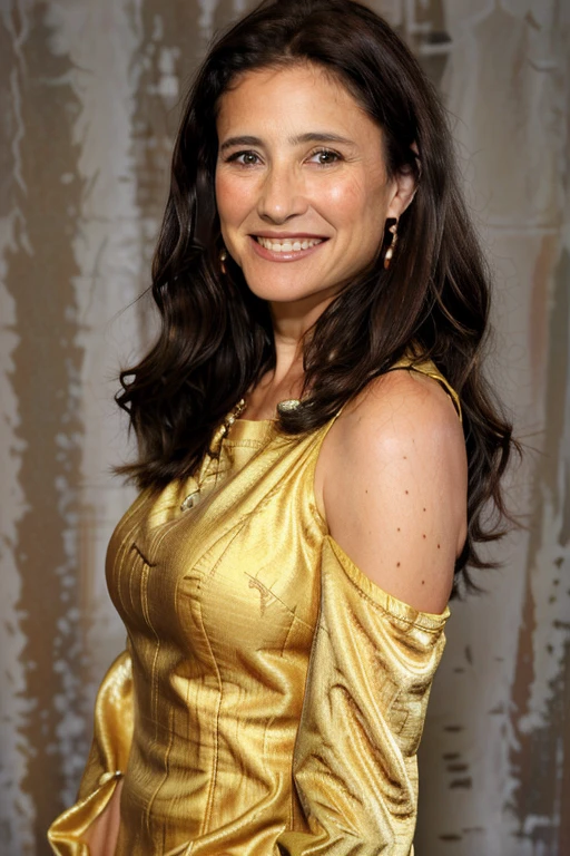 a Realistic portrait of a mimi rogers woman with brown eyes and long brown Hair style, looking at the viewer, detailed face, detailed eyes, (smiling showing teeth:1.1), perfect slim body, modelshoot style, hand on own shoulder, an evening dress with long sleeves, wearing gold earrings and jewelry, soft lighting, professional Photography, Photorealistic, detailed, standing in a dark Studio Room background, blurred background, RAW, analog, sharp focus, 8k, HD, DSLR, high quality, Fujifilm XT3, film grain, award winning, masterpiece
 <lora:mimi rogers v1.0:1>