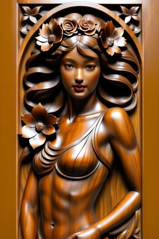 1girl, art nouveau, breasts, wood sculpture, earrings, flower, jewelry, lips, long hair, solo, upper body, flower