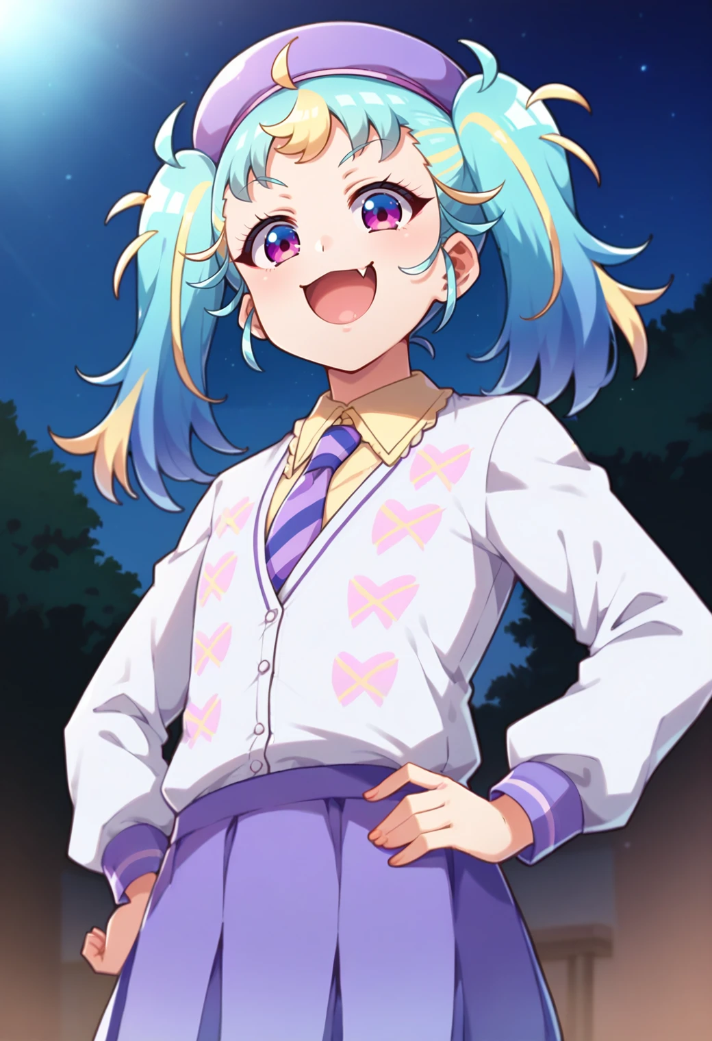 score_9, score_8_up, score_7_up, hd, (ultra hd quality details), outdoors, night,
solo, 1girl, myamupri, twintails,
school uniform, collared shirt, white jacket, hat, purple beret, long sleeves, purple necktie, purple skirt,
smile, fang, looking at viewer, open mouth,
standing, hand on hip,
<lora:_myamu-elesico-e12:0.85>