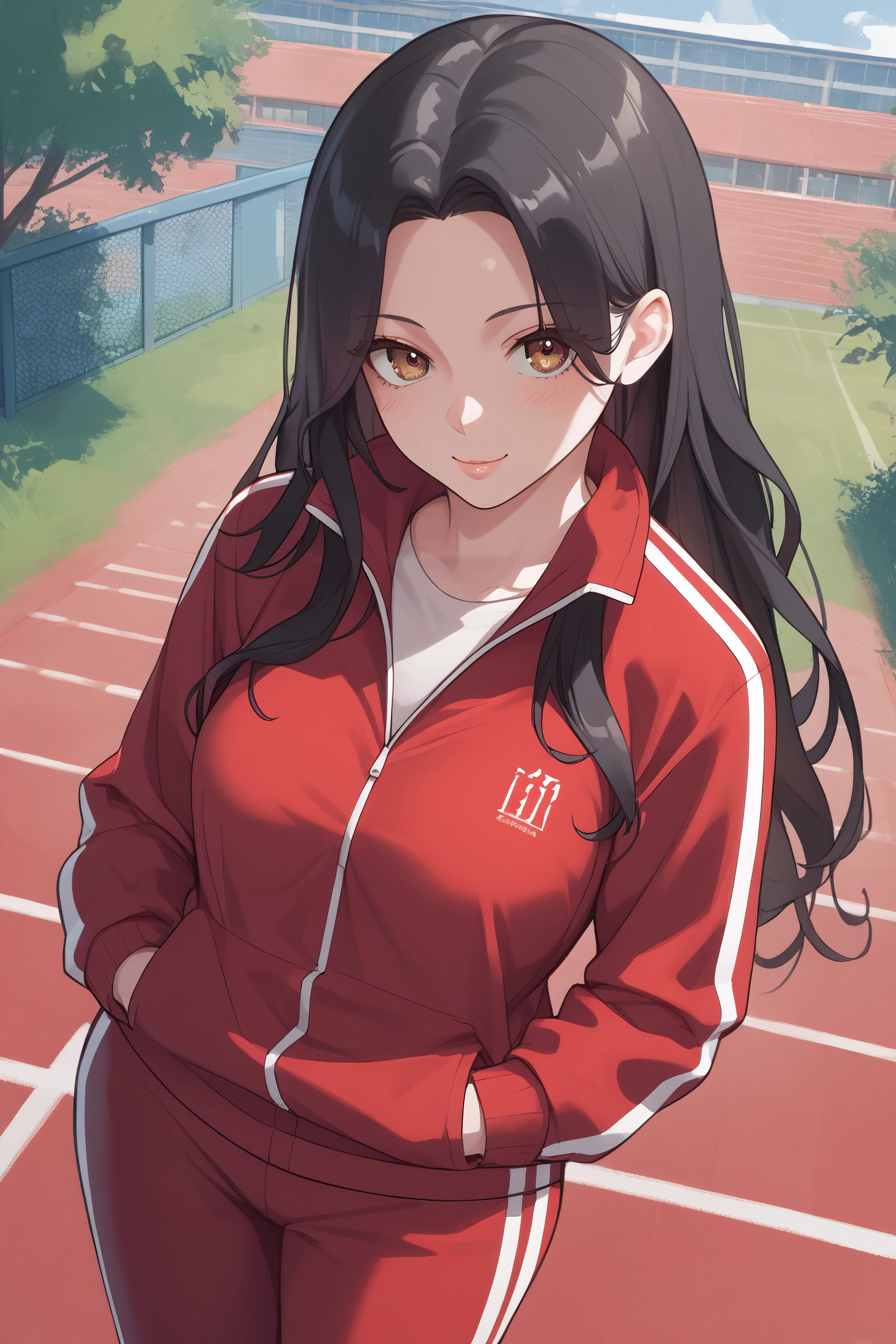 score_9, score_8_up, score_7_up, source_anime, <lora:Geum-Ok Yeon-PonyXL-lora-Faxtron:0.8> geum-ok yeon, brown eyes, black hair, long hair, medium breasts, track jacket, track pants,