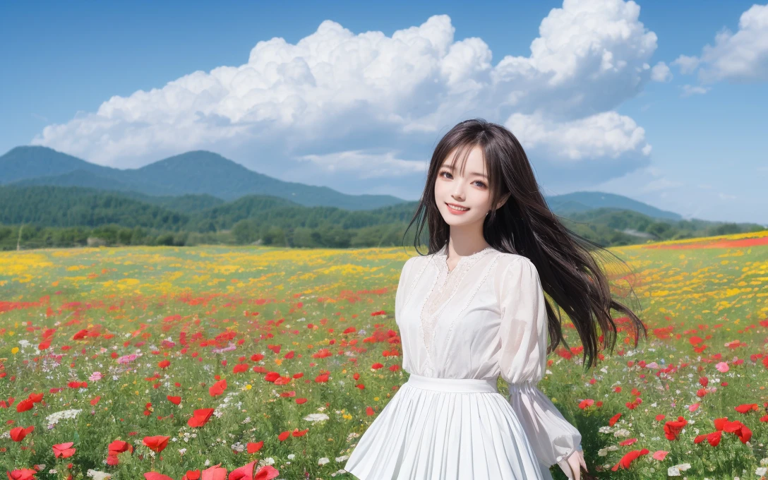 masterpiece,best quality,extremely fine and beautiful,perfect detailed,best illumination,best shadow,an extremely delicate and beautiful,HDR,(Cloud gap light:1.2),bloom,Chromatic Aberration,Photorealistic,extremely detailed,((1 ,cute,)),(young girl:1.3),((((detailed beautiful eyes)))),((face focus))),(deep brown hair,very long hair),((bright blue eye)),bright hair,Blushing,(((a big smile))),hair blowing with the wind,skirt blowing with the wind,((white skirt,grace,puffy sleeves,)),detailed skirt,detailed clothes,standing in a vibrant field of flowers,a gentle breeze stirring her hair,(stands in the garden),(Colorful flowers:1.2),in summer,mystical nature,sunlight casting a warm glow on her,detailed flower,upper_body,looking at viewer,capturing a moment of blissful serenity,in spring,Boundless fields of flowers,hills,(landscape,Spectacular cumulonimbus clouds,beautiful detailed sky),Colorful clouds,Colorful sky,wind,(((((Flowers in the foreground of the picture))))),((strong rim light,luminous particles,wind)),(depth of field),lens flare,(bokeh),(face focus:1.2),(cinematic lighting),ray tracing,<lora:cutegirl25d:0.3>,<lora:飿 ¼FujifilmVELVIA(NychStyle):0.7>,