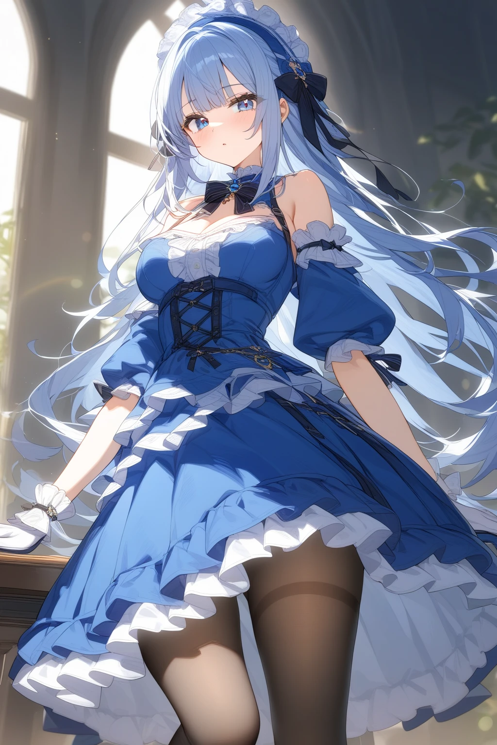 1girl,solo,long hair,blue dress,frills,pantyhose,gloves,looking at viewer,jewelry,bangs,lolita_fashion,
highly detailed,best quality,absurdres,detailed,HDR,natural light,