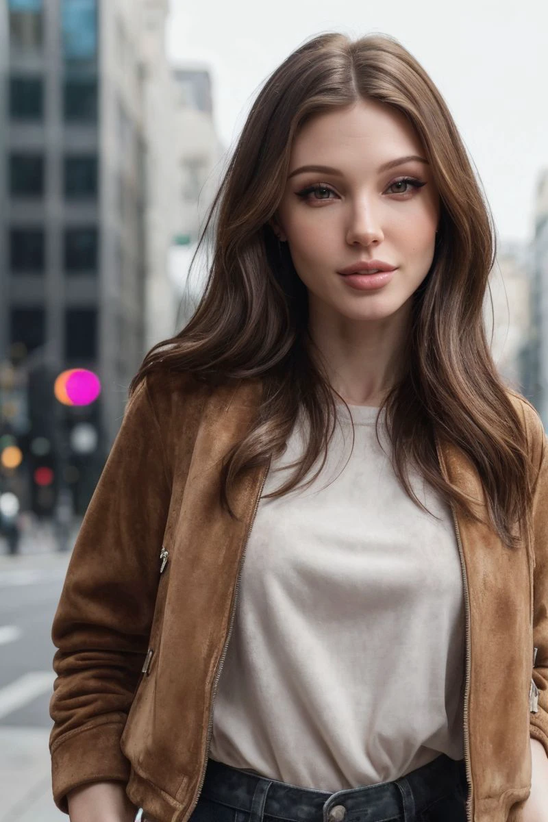 portrait of S434_DaintyWilder,a gorgeous woman,in a (city:1.1),wearing a (suede-jacket),(shirt),(4k, RAW photo, best quality, 50mm, depth of field, ultra high res:1.1),(intricate, photorealistic, cinematic-shot, masterpiece, ultra-detailed:1.1),