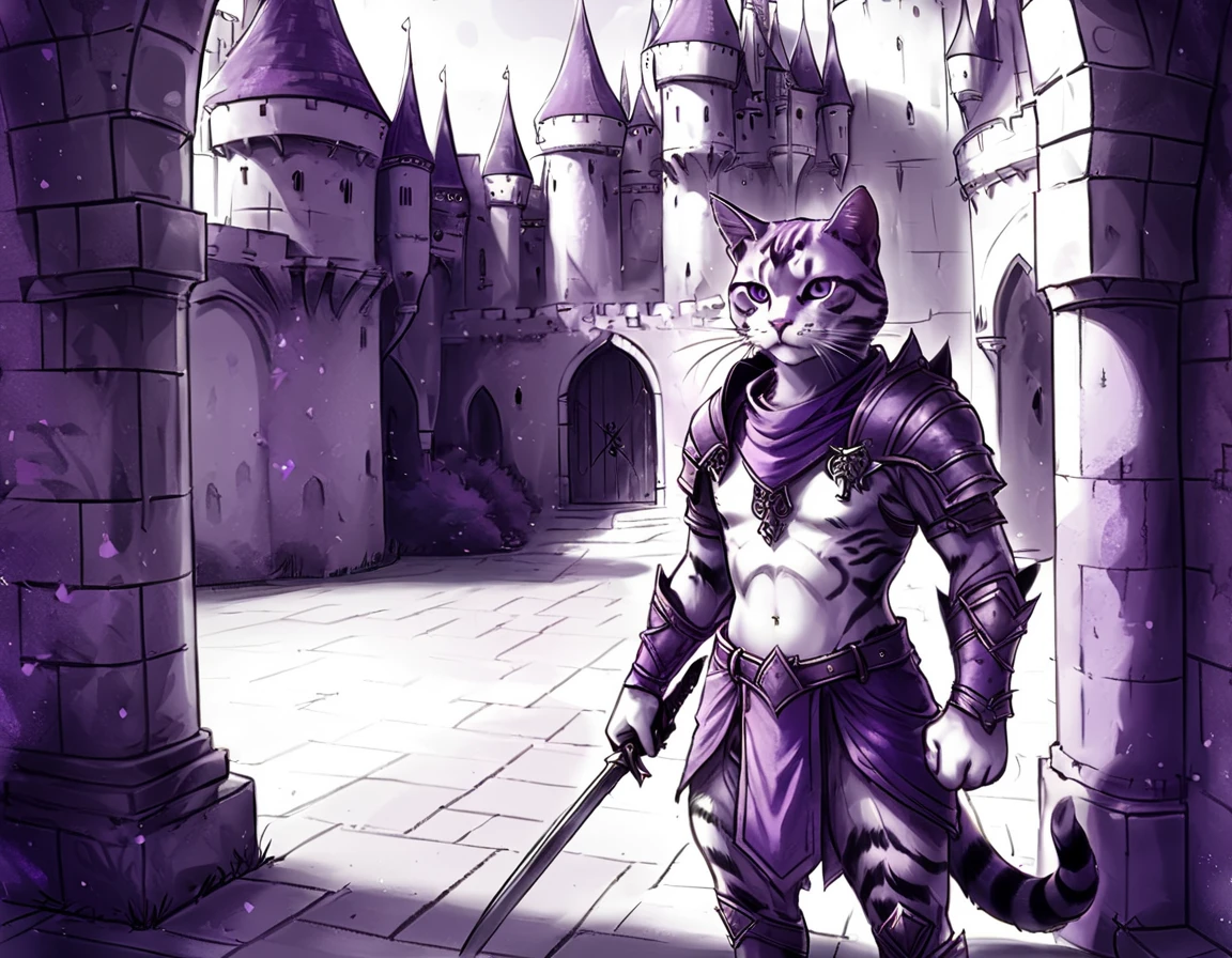 Purple Theme, anthro cat warrior inside a castle courtyard