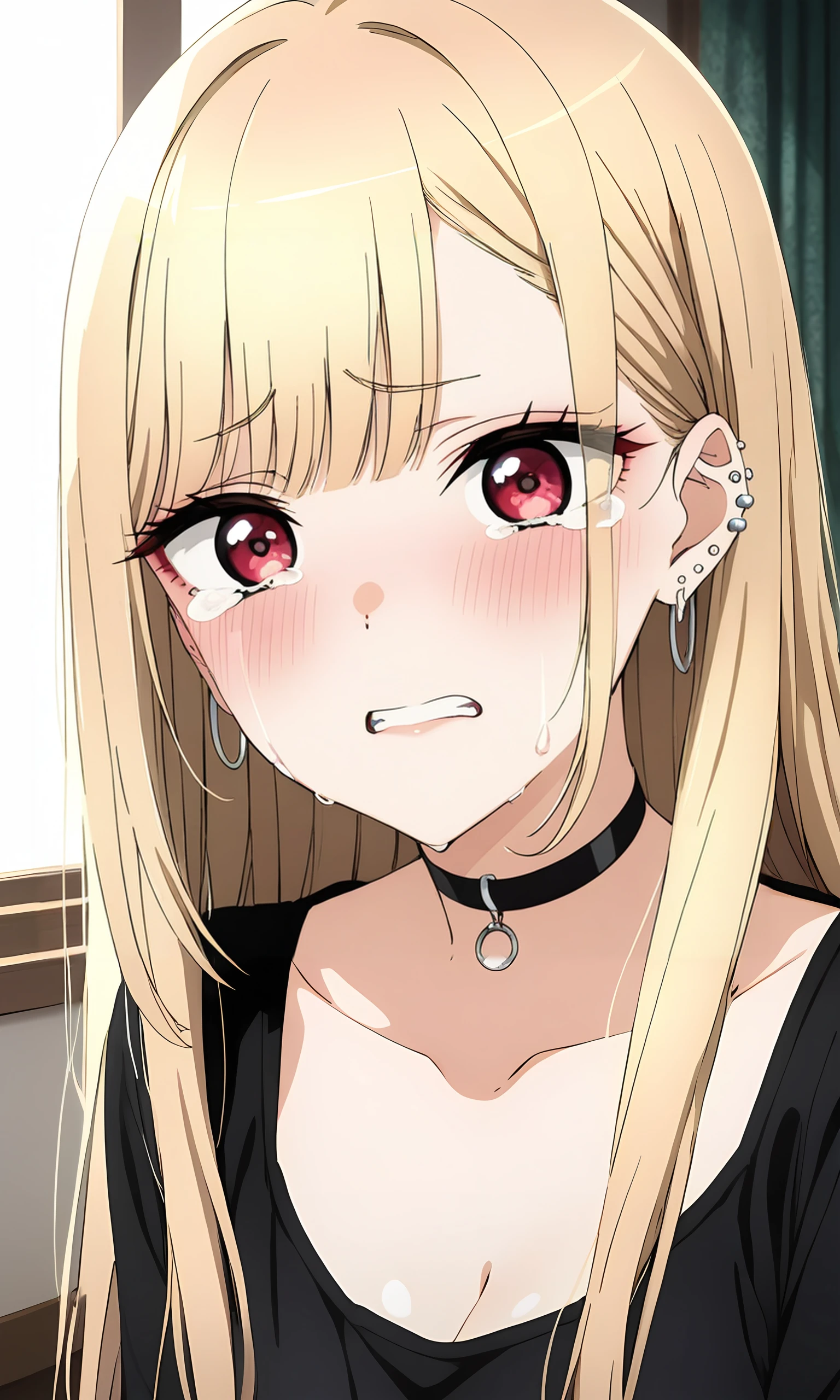 (masterpiece, best quality, very aesthetic, ultra detailed, many details), Kitakitagawa marin, 1girl, solo, blonde hair, choker, long hair, tears, earrings, jewelry, blush, black choker, crying, piercing, looking at viewer, ear piercing, red eyes, collarbone, black shirt, shirt, crying with eyes open, bangs, upper body, teeth, tearing up, window, sad, indoors, <lora:Sono Bisque Doll wa Koi wo Suru - Marin Kitagawa XL R0.1:0.8>