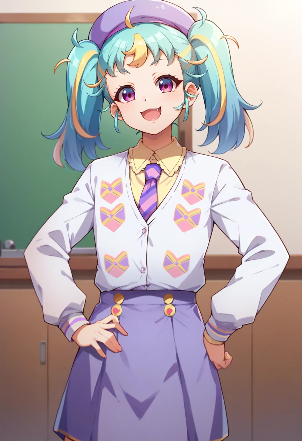 score_9, score_8_up, score_7_up, hd, (ultra hd quality details), indoors,
solo, 1girl, myamupri, twintails,
school uniform, collared shirt, white jacket, hat, purple beret, long sleeves, purple necktie, purple skirt,
smile, fang, looking at viewer,
standing,
<lora:_myamu-elesico-e12:0.85>