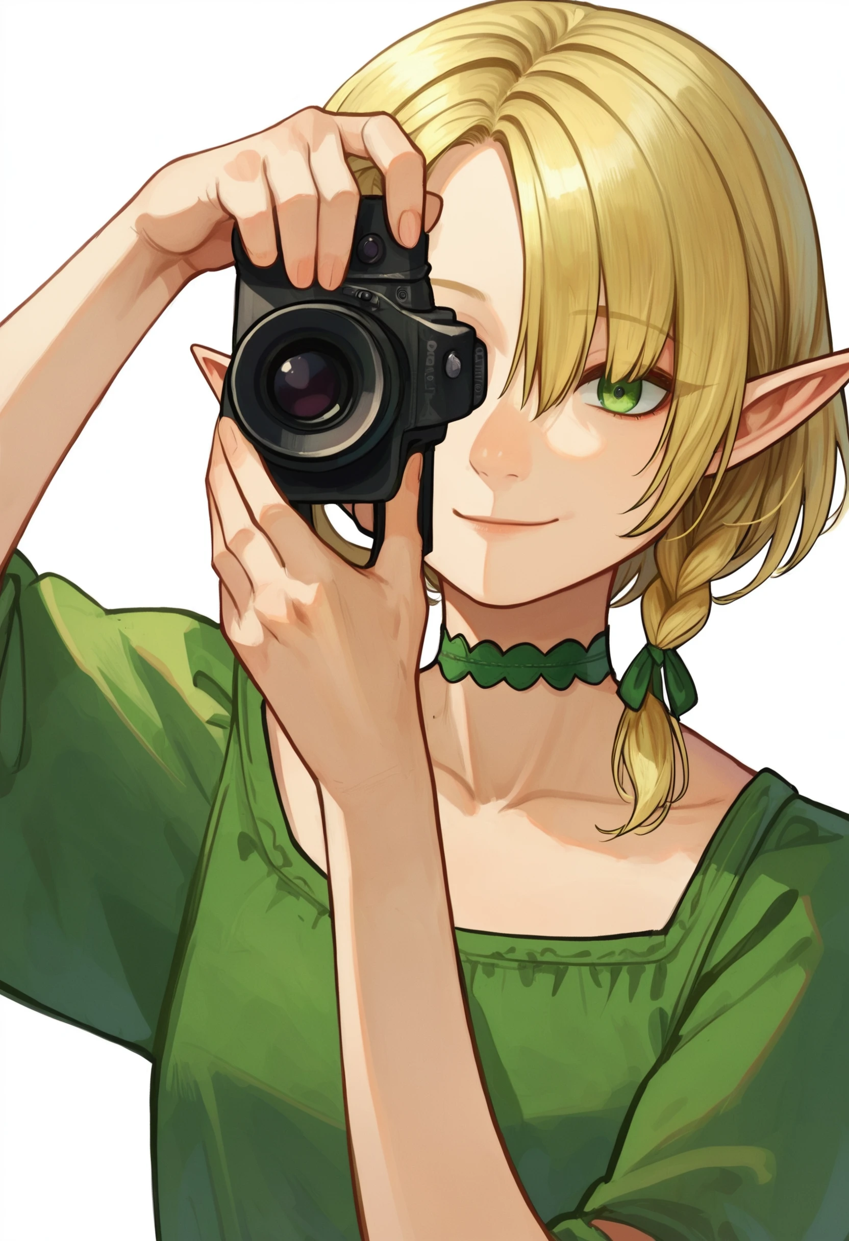 score_9_up score_8_up score_7_up, holding camera, (head tilt:1.3)
elf, portrait, 1girl, solo, blonde hair, white background, green eyes, choker, simple background, profile, ribbon, collarbone, smile, short hair, dress, sidelocks, [hair over one eye::0.6] braided
<lora:dungeon_meshi_races_pony7_d16:0.6>
<lora:holding_camera2_d16:1.2>
<lora:falin_marcille_pony_d16:0>