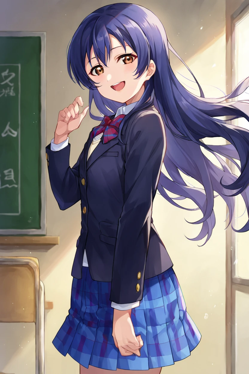 score_9, score_8_up, score_7_up, source_anime BREAK 1girl, solo, lovelive_umi, cowboy shot, school uniform, black blazer, blue plaid skirt, red bowtie, dark blue hair, long hair, bangs, brown eyes, looking at you, smile, open mouth, <lora:lovelive_umi:1>