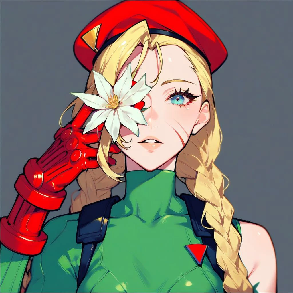 score_9,score_8_up,score_7_up,score_6_up,score_5_up,score_4_up, Flower on eye, one eye covered, solo, Cammy white, braid, blonde hair, parted lips, bodysuit, green bodysuit, red headwear, white flower, v, sleeveless, red gloves