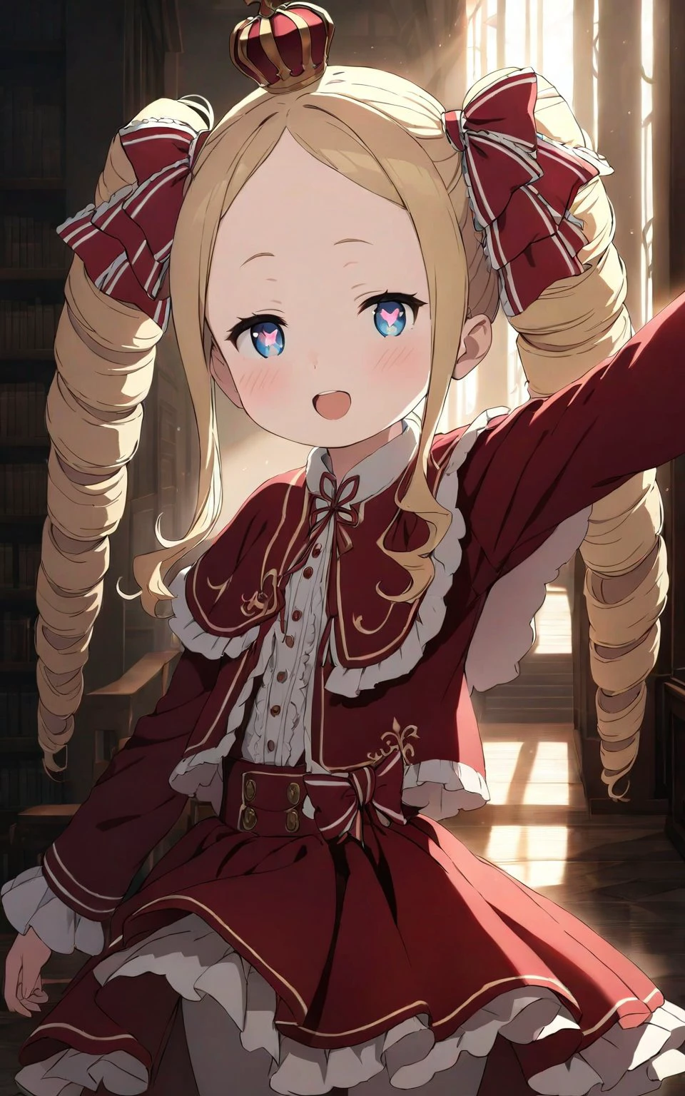 <lora:beatrice:1>
small girl, happy, correct anatomy, cute, crimson costume, many details, drill shape twin tailed, blond hair, open forehead, shaped pupils, one crown, super detailed, atmospheric lighting, high quality, HD, realism