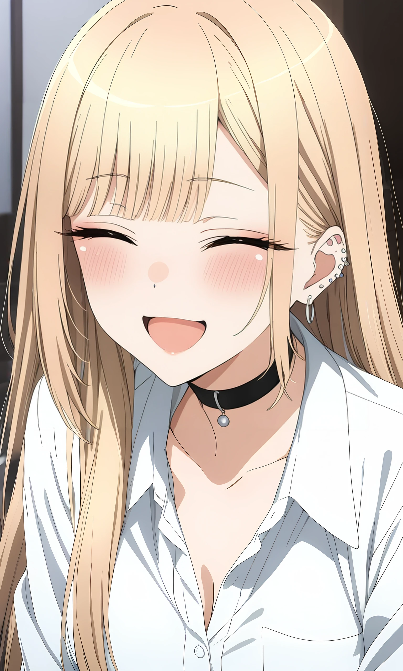 (masterpiece, best quality, very aesthetic, ultra detailed, many details), Kitakitagawa marin, choker, 1girl, closed eyes, solo, blonde hair, open mouth, shirt, earrings, black choker, long hair, jewelry, white shirt, smile, blush, piercing, ear piercing, collarbone, bangs, upper body, <lora:Sono Bisque Doll wa Koi wo Suru - Marin Kitagawa XL R0.1:0.8>