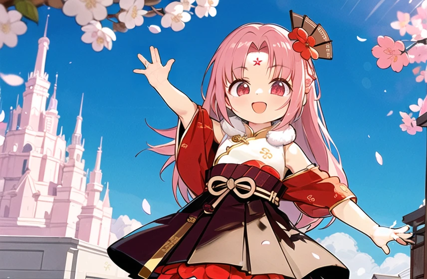 incredibly absurdres,huge filesize,(masterpiece:1.3),<lora:sb:0.6>,1girl,shanbao,virtual youtuber,pink hair,red eyes,bare shoulders,(forehead mark:1.2),(sakura-shaped forehead mark:1.3),fur collar,flower,folding fan,fur-trimmed kimono,fur trim,hair flower,chinese clothes,long hair,very long hair,M bangs,looking at viewer,kind_smile,red skirt,scenery,(there are highlights in the eyes:1.2),negative_hand-neg,good hands,cute hands,day,colorful,dancing,