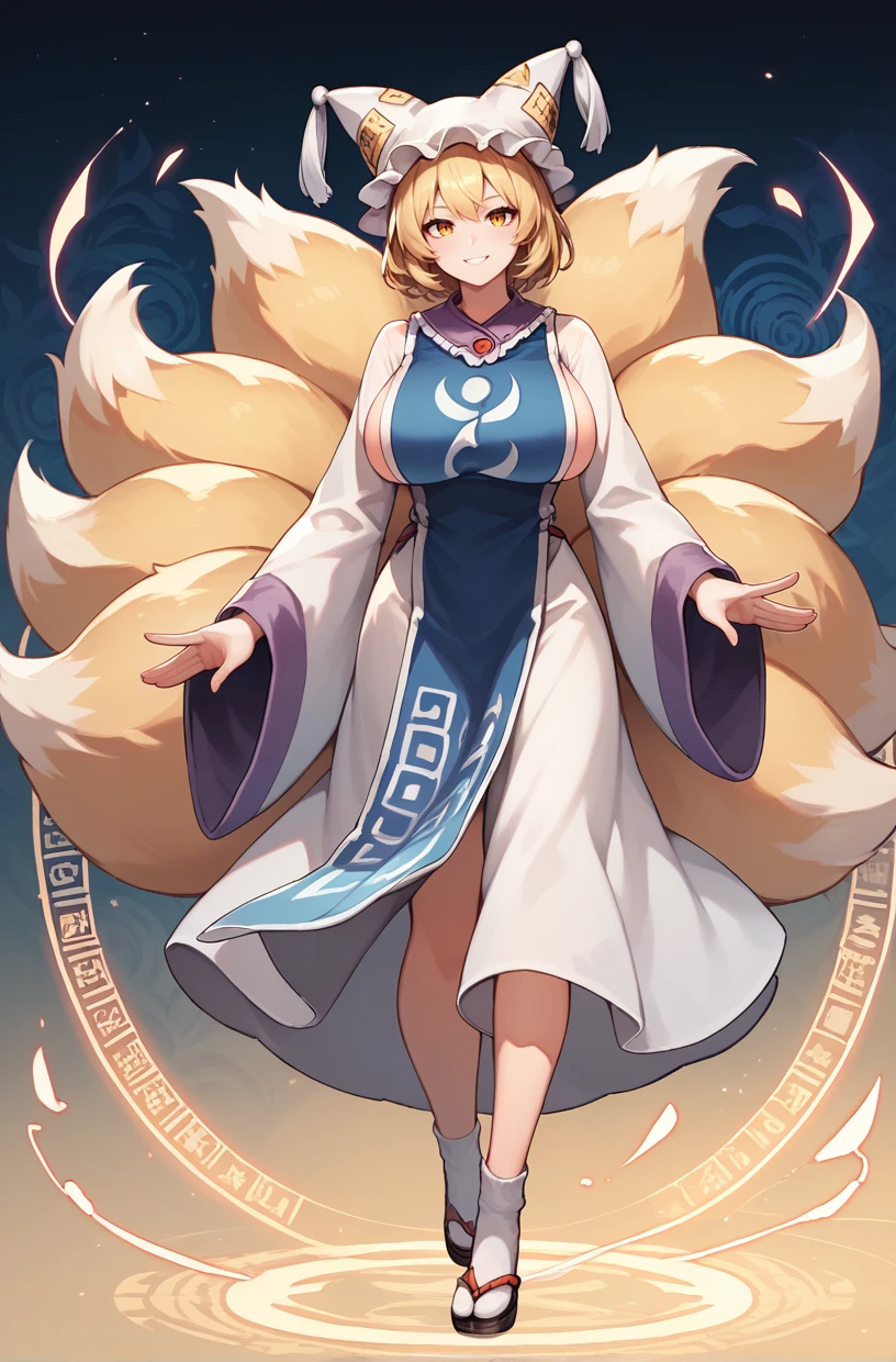 score_9, score_8_up, score_8, score_9, 1 girl,  source_anime, <lora:yakumo_ran_pony-10:0.8> , yakumo ran, blonde hair, hat, tabard, white dress, fox tail, glowing, smile, full body, wide sleeves, long sleeves, detailed background, large breasts,  <lora:Smooth Anime 2 Style SDXL_LoRA_Pony Diffusion V6 XL:0.8>, socks