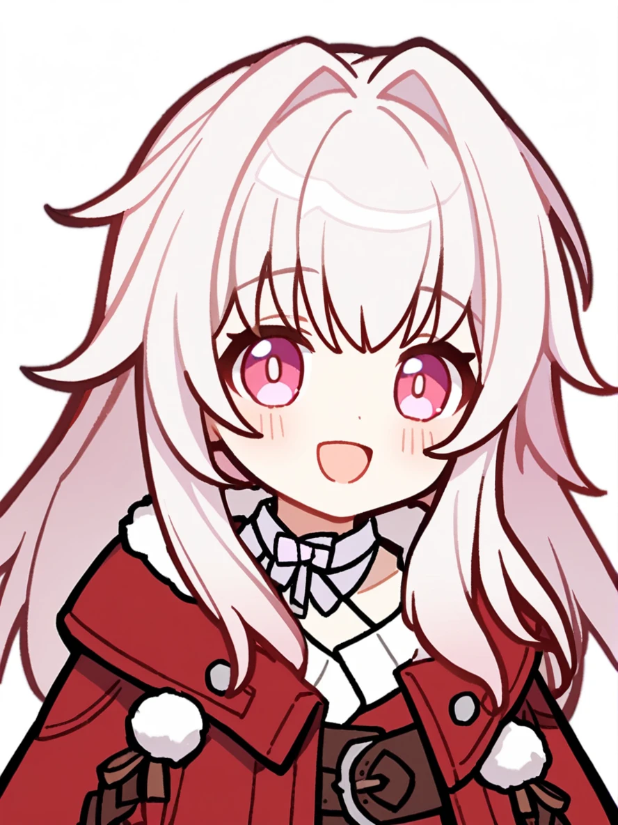 1girl,
clara \(honkai: star rail\),
solo, pink eyes, smile, blush, jacket, fur trim, upper body, looking at viewer, sidelocks, hair intakes, fur-trimmed jacket, open mouth, :d, white background, red jacket, simple background, white hair,
safe
<lora:mki-ani31-GenshinPV-v2-000012:1>