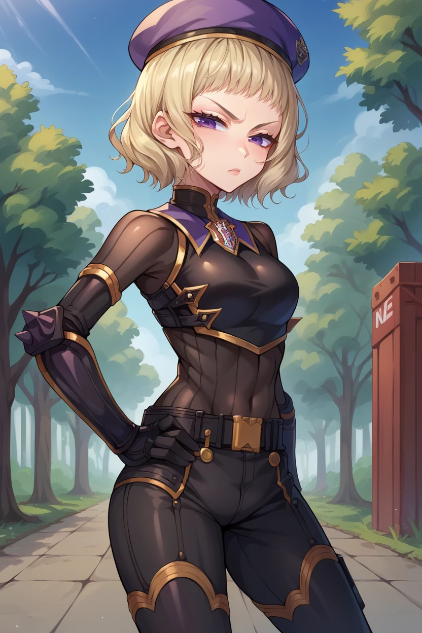 score_9, score_8_up, score_7_up, score_6_up, source_anime, BREAK 1girl, solo, <lora:vc4nikola-pdxl-nvwls-v1-000005:1> vc4nikola, blonde hair, purple eyes, short hair, beret, black bodysuit, black gloves, belt, black pants, boots, hand on hip, looking at you, annoyed, blue sky, trees