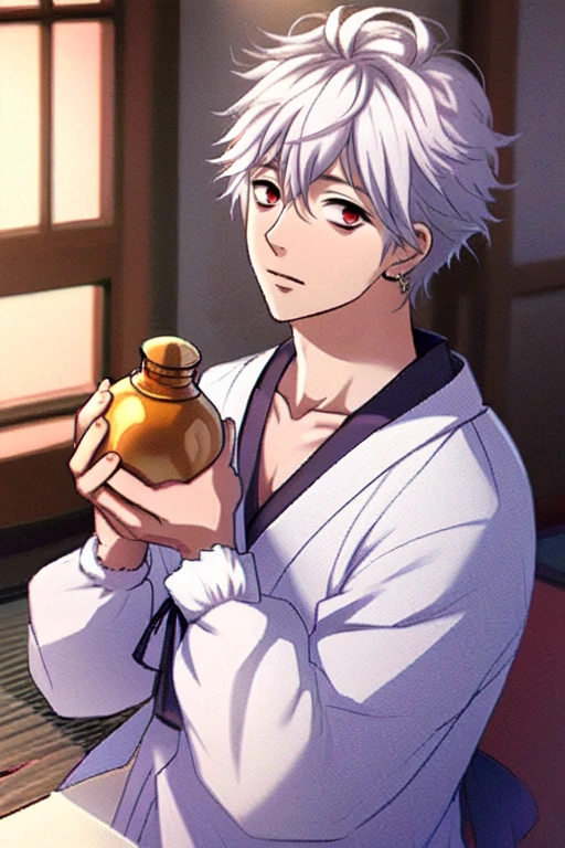 (masterpiece),(best_quality),1boy,Yakushi,puffy long sleeves,collarbone,white kimono,purple collar,holding jar,white hair,looking at viewer,<lora:Yakushi:1>,