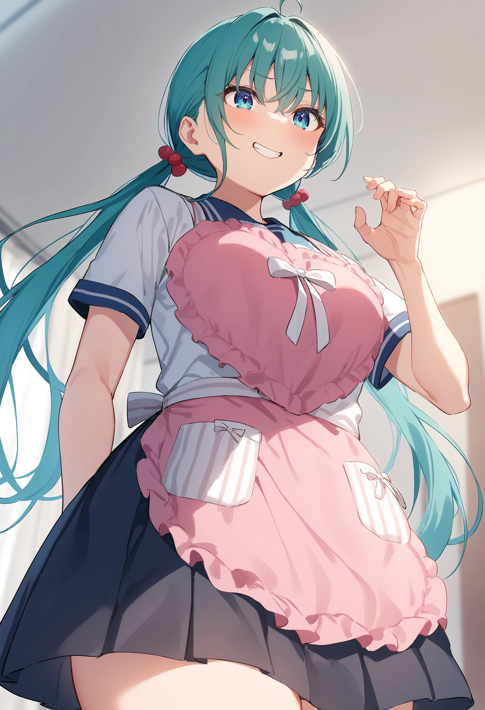 1girl,sincos, ningen mame, toosaka asagi,solo,medium breasts,school uniform,
heart apron,apron, frills, frilled apron, <lora:heartapron_XL_v1:0.6>
from below, panorama shot, looking to the side, aqua hair, gray eyes,seductive grin smug, Shinjuku city, open mouth, quad tails hair,,
best quality, very aesthetic, absurdres