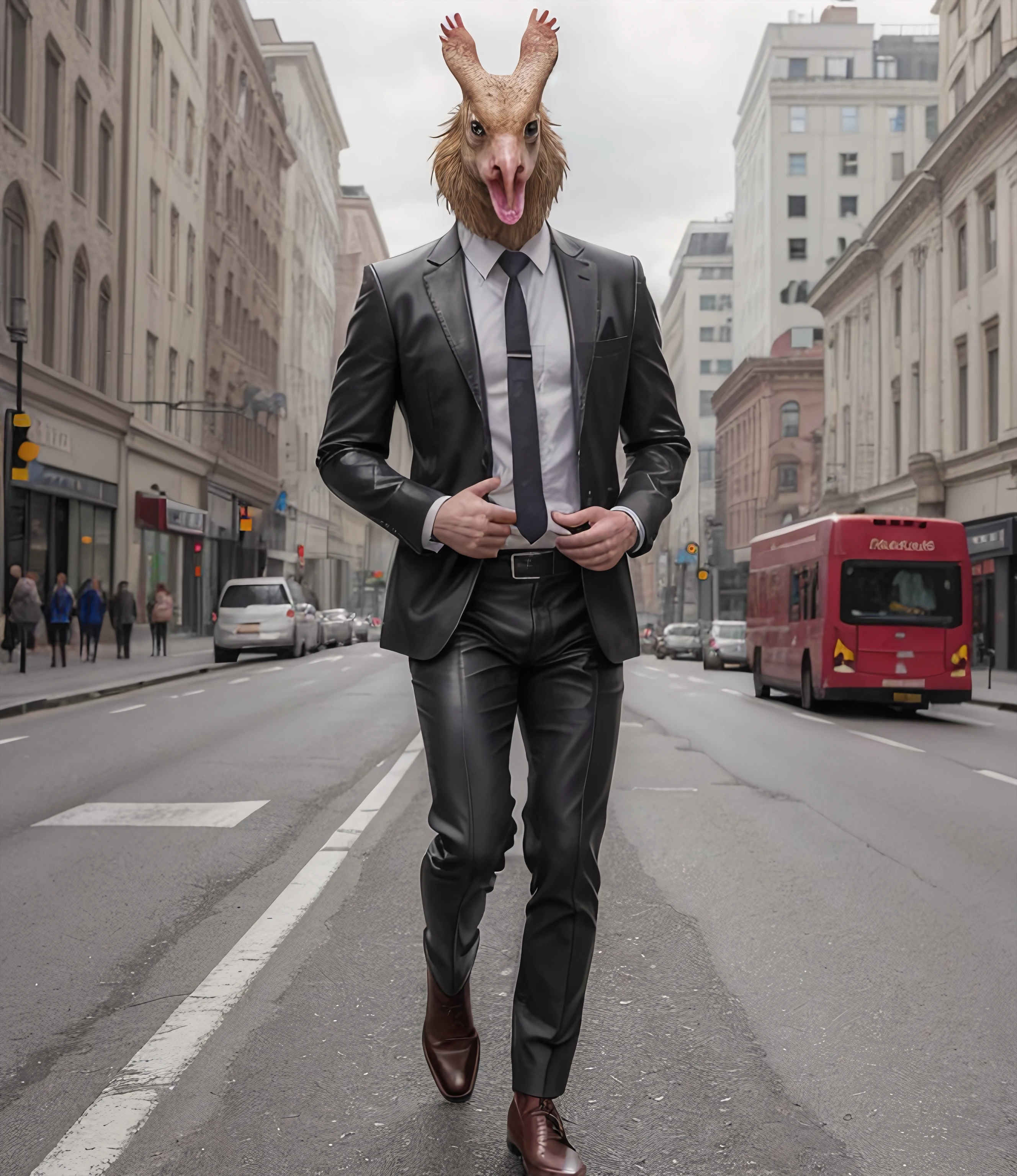(Best Quality, Masterpiece:1.4), (Realism:1.2), (Realisitc:1.2),
a photorealistic full-body professional hires photograph,
the rabid chicken wearing leather shoes, crossed the road to get to the other side,
