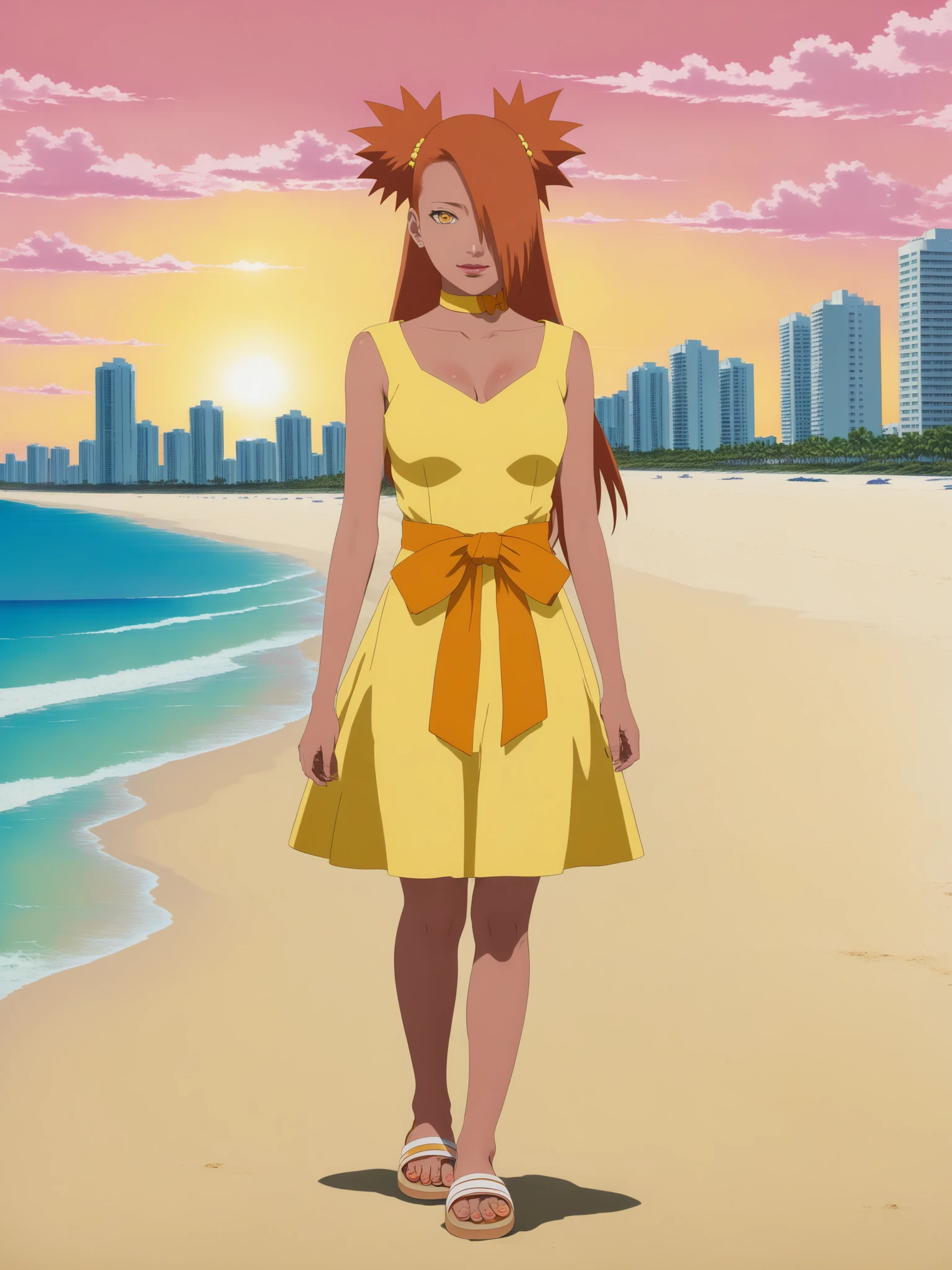 best quality, ultra-detailed, chocho akimichi, woman, chodress, shy smile, blush, embarrassed expression, submissive, elegant, petite body, yellow choker, yellow dress, orange obi, orange bow, (sandals), day, outdoors, beach, miami beach in background, full body, candid shot, bokeh effect, realistic shadows, volumetric lighting, detailed lighting, colorful, vibrant, hd, absurdes, in style of Masashi Kishimoto (anime coloring, anime screencap, Naruto anime style), <lora:Chocho_Akimichi_sdxl_v2:1>,