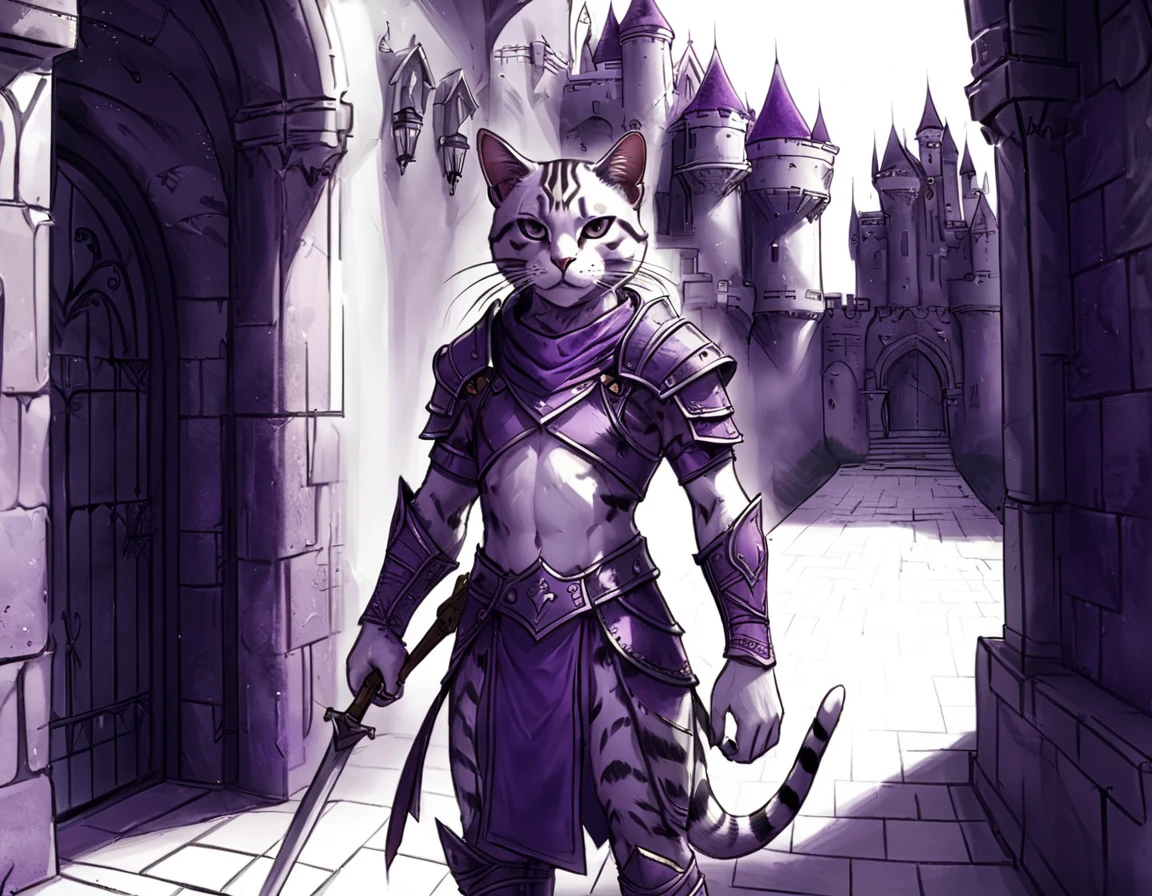 Purple Theme, anthro cat warrior inside a castle courtyard