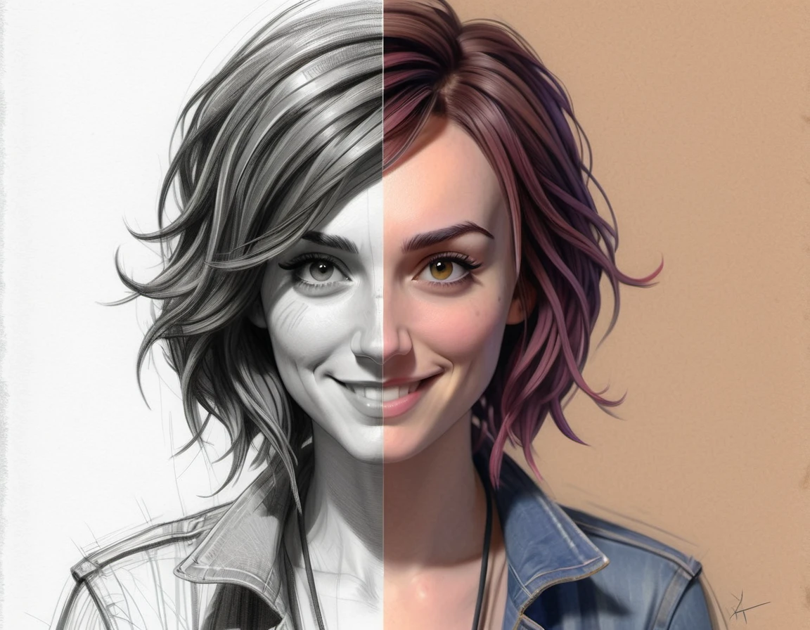 SketchSplit, Allison Scagliotti, shy smile, rough pencil sketch, digital painting