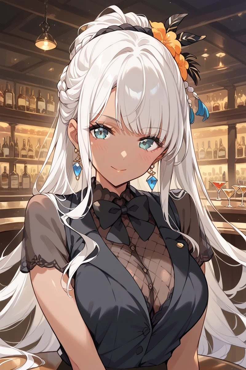 score_9, score_8_up, score_7_up, 1girl,
<lora:Matsuyama_Dalia:0.8> dalia, long hair, breasts, hair ornament, updo, dark skin, club, bartender, flower, transparent mesh shirt, black bow tie, black vest, look at viewer,