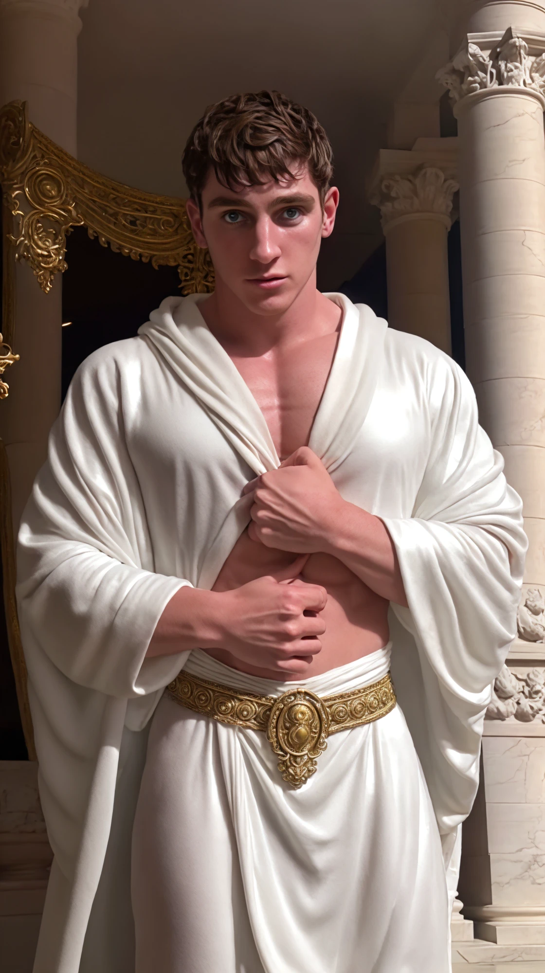 (face focus). (masculine:1.3), large strong physique:1.0, at outdoor marble greek temple, (muscular;1.2), large muscles:1.1 (wearing ornate revealing silver fantasy robes:1.3), (fantasy theme:1.3), (wearing matching silver and white loincloth:1.2), sexy pose:1.0, styled hair, confident, handsome, (((masterpiece))), (((best quality))), (hands on waist), male, athletic, looking at viewer, (short hair), lower color saturation:1, lower contract color:1, (short hair),  <lora:TimKTonyMarkleyXXX (1):1>, TimKTonyMarkleyXXX,