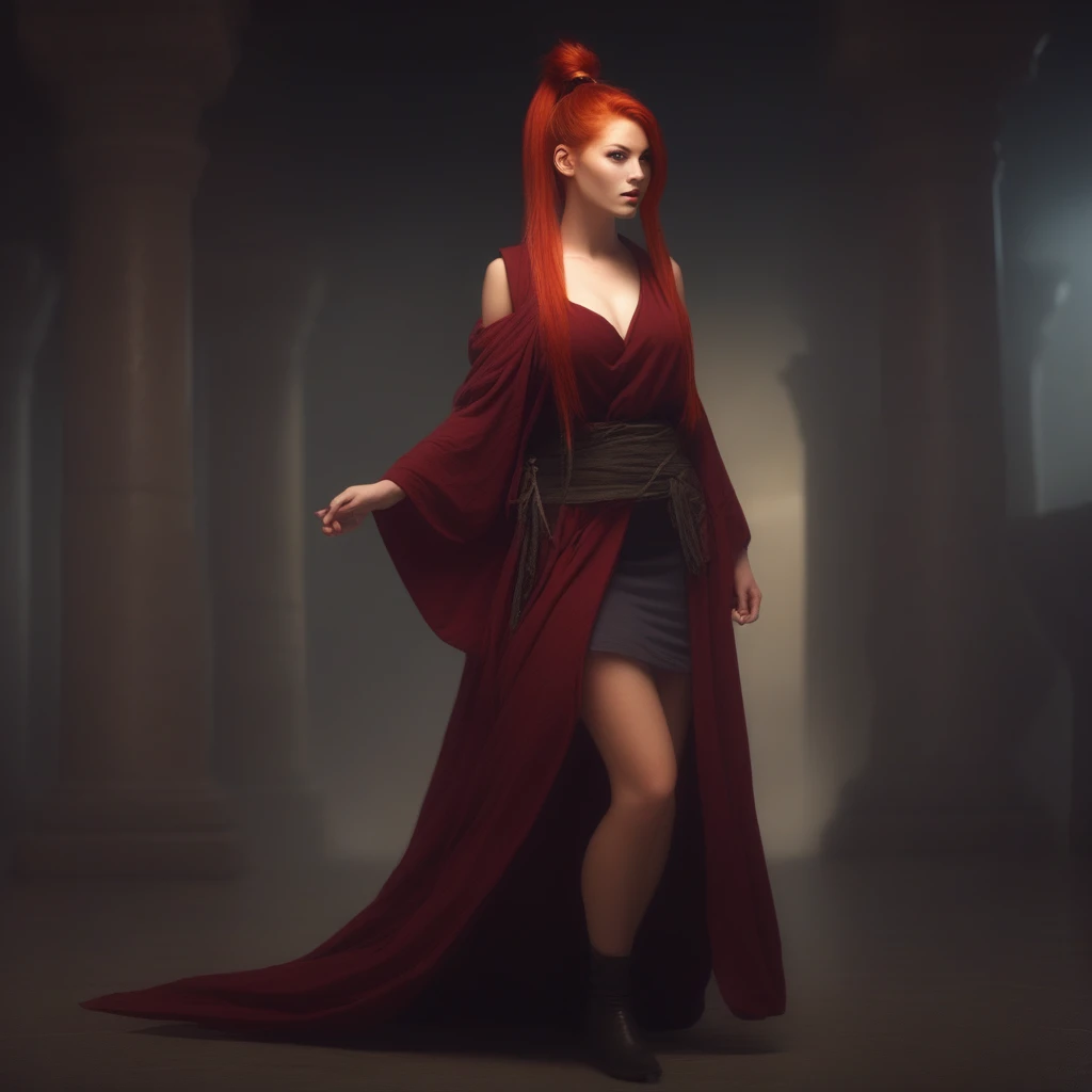 1girl, red hair, long top knot ponytail, ancient sorceress, mini skirt, long cowled robe,