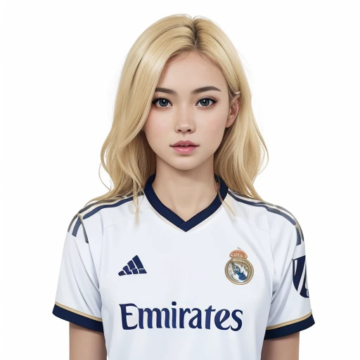 one woman, blonde hair, wearing real madrid home jersey, <lora:realmadrid015001last:0.5>, white_background,