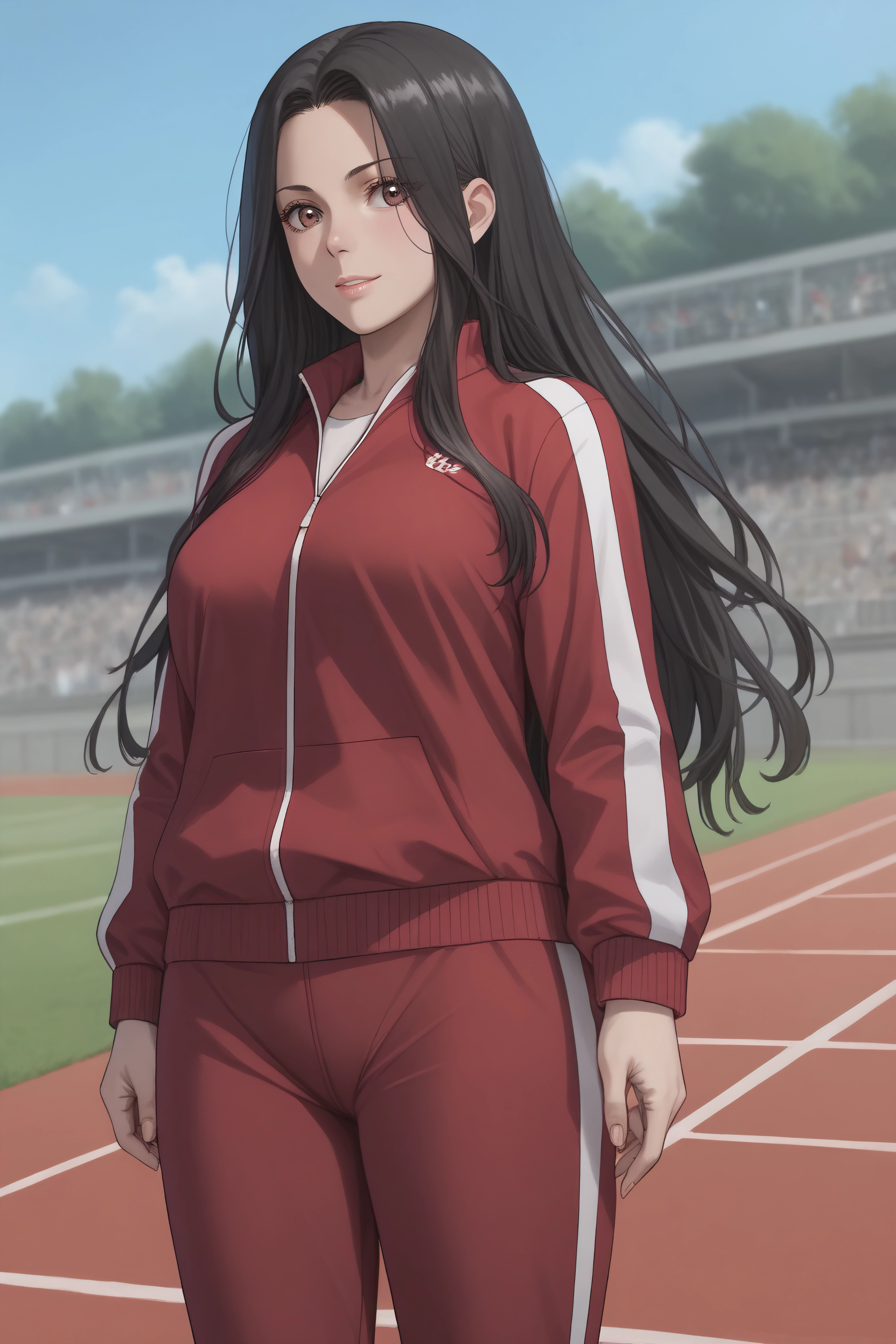 score_9, score_8_up, score_7_up, source_anime, <lora:Geum-Ok Yeon-PonyXL-lora-Faxtron:0.8> geum-ok yeon, brown eyes, black hair, long hair, medium breasts, track jacket, track pants,