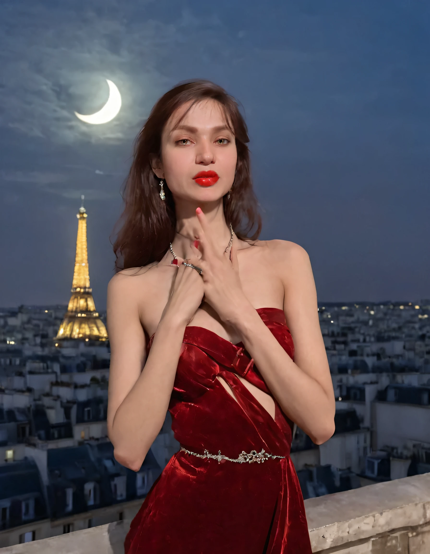 In the ethereal twilight of a moonlit Parisian rooftop, framed by the city's romantic silhouette and the crescent of an enchanting moon, stands a captivating woman named Kamila. Her full, crimson lips are painted with a shade that perfectly complements her one-of-a-kind ensemble. With a single spotlight shining on her solo figure, she exudes an air of mystique and allure. The jewelry adorning her arms and neck adds to her regal charm, as she stands there, poised like a queen, gazing out over the city below with a camera in hand, ready to capture the next magical moment in her life. <lora:uzlwhs18fde32e149p693:1>