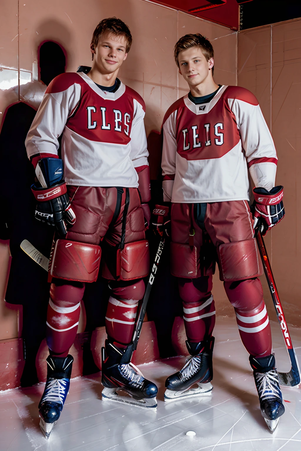 two men standing next to each other, looking at viewer,
ADDBASE ice hockey rink, smiling, wearing red hockey shoulder pads, (red hockey uniform), gloves, holding hockey stick,
ADDCOMM RyanKutcher, wearing red hockey shoulder pads, (red hockey uniform), gloves, holding hockey stick, <lora:RyanKutcher:0.8>
ADDCOL KasparDixon, wearing red hockey shoulder pads, (red hockey uniform), gloves, holding hockey stick, <lora:KasparDixon:0.8>