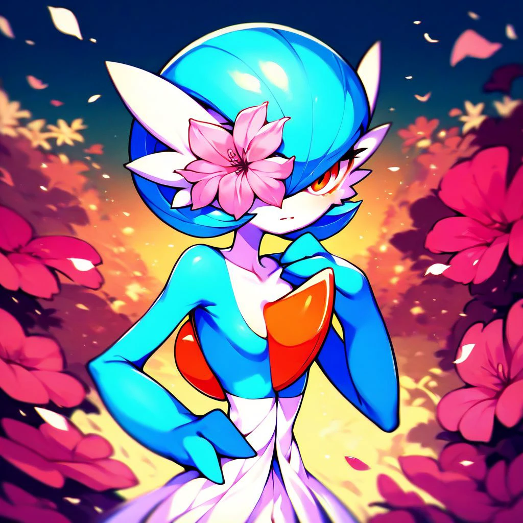 score_9,score_8_up,score_7_up,score_6_up,score_5_up,score_4_up, Flower on eye, one eye covered, solo, gardevoir, blue hair, orange eyes, short hair, shiny pokemon, hand on hip, pink flower, outdoors