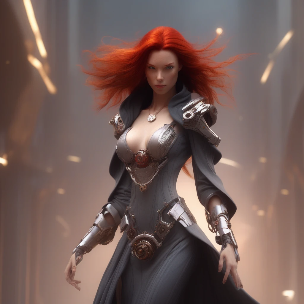 Highly detailed, 8K, 1girl, red hair, dynamic action pose, of a beautiful, Mechanical Girl sorceress, long cowled robe,