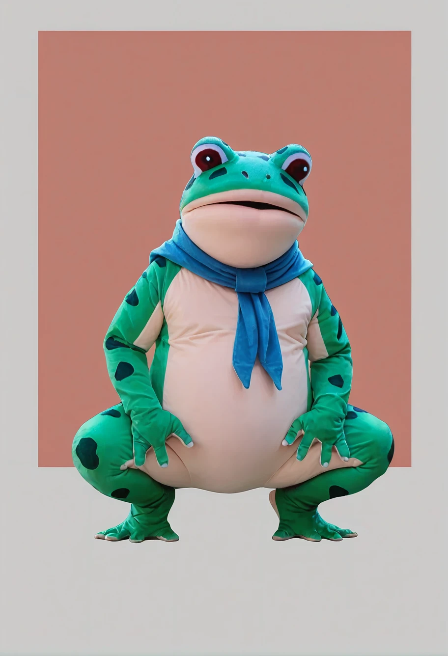 score_9,score_8_up,score_7_up,8k,hd,(((red background))),full body,squatting,,ruanyi0642,animal costume,blue scarf,frog,cowboy shot,<lora:0642 frog animal costume_v1_pony:0.9>
