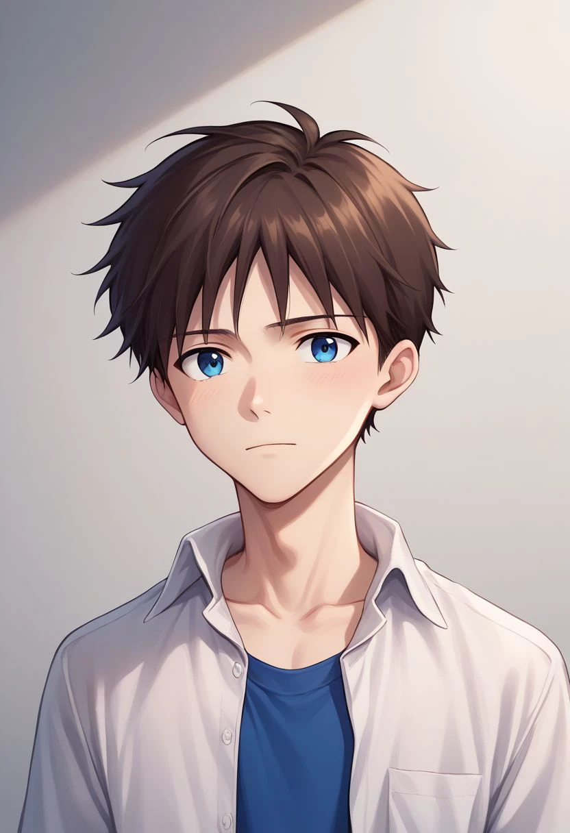 score_9, score_8_up, source_anime, highly detailed, 1boy, solo, male_focus, skinny,
shinji, 1boy, male focus, solo, blue eyes, brown hair, shirt, white shirt, collared shirt, open shirt, blue t-shirt, black pants, 
indoor, upper body,