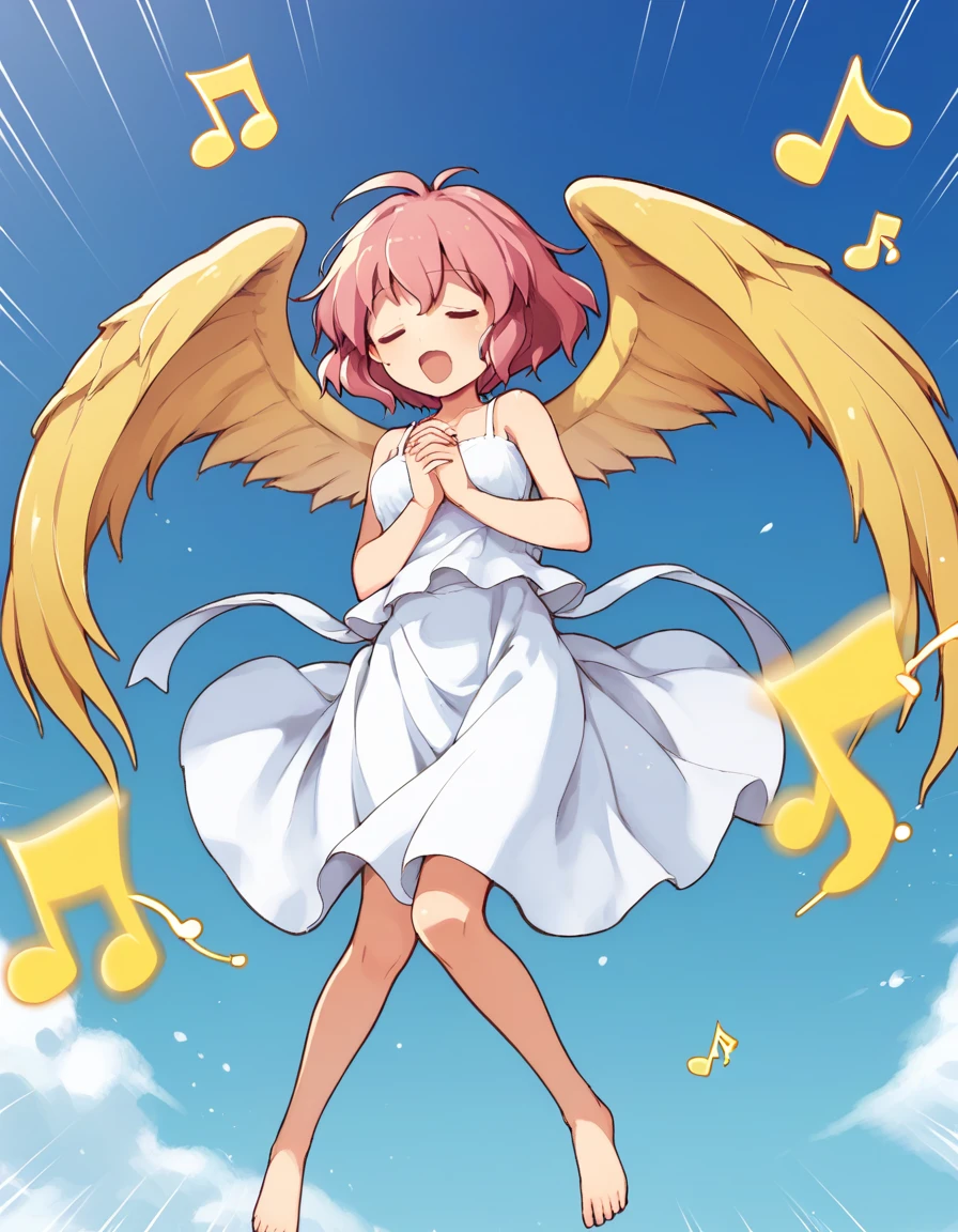 <lora:Pharpy_SDXL_pony_fp16_v01:1>,Pharpy,1girl,green eyes, pink hair, short hair,white sundress,bare shoulders,yellow wings,barefoot,musical note,eighth note, motion blur, closed eyes, open mouth, emphasis lines,own hands clasped,, score_9, score_8_up, score_7_up, BREAK source_anime, rating_explicit, best quality, masterpiece, uncensored, [pony diffusion V6 is trained by PurpleSmartAI:100]