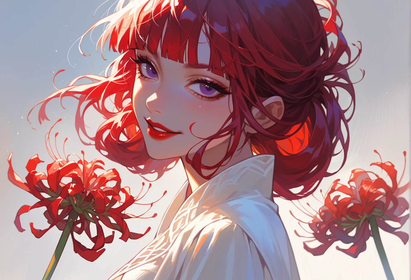 score_9, score_7_up, source_anime, BREAK  <lora:Spiderlily:0.8> spider lily,
, solo, seductive smile, red lips,
1girl, purple eyes, red hair, blunt bangs, medium breasts, low hair rings,