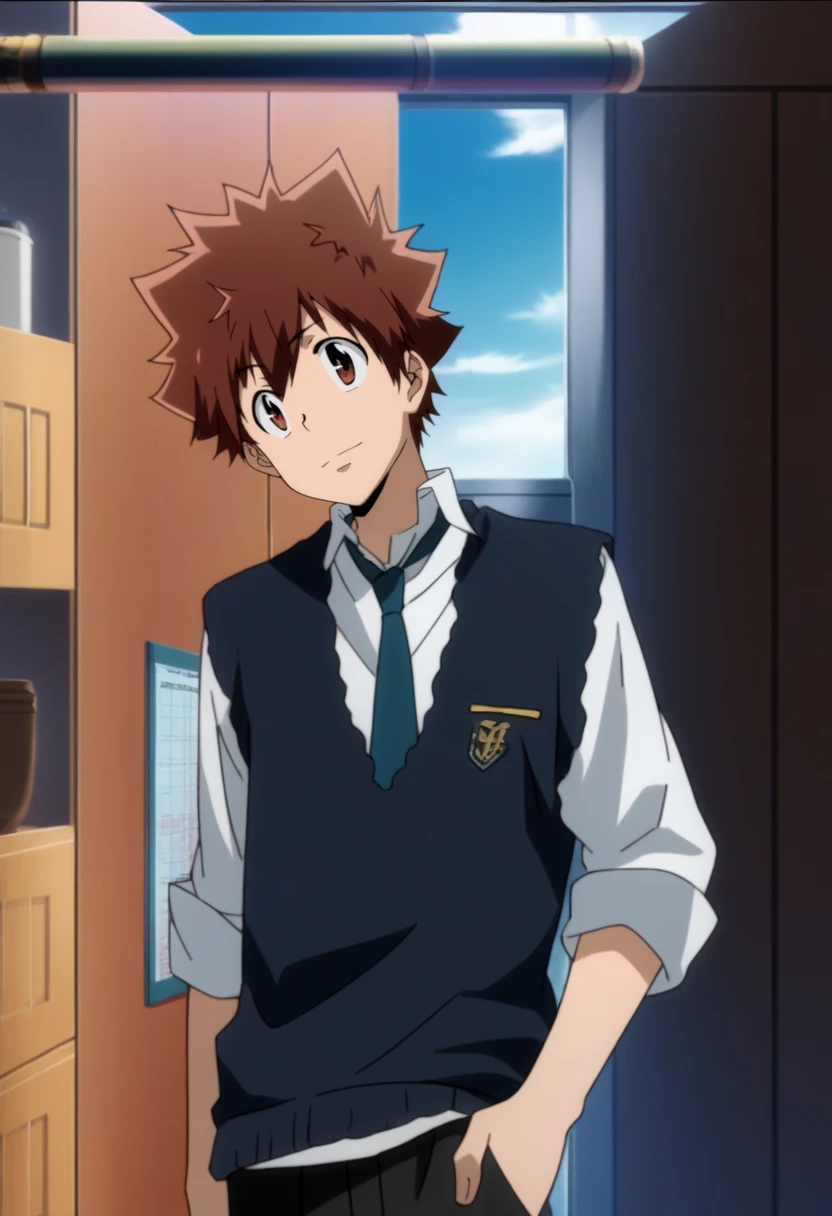 score_9, score_8_up, score_7_up, score_6_up, highly detailed, masterpiece, best quality,detailed,intricate details, amazing quality, best aesthetic, absurdres, tsunayoshi sawada, brown hair, brown eyes, white shirt, black pants, black vest, 1boy, solo, male focus, necktie, school uniform<lora:EMS-391553-EMS:1.000000>