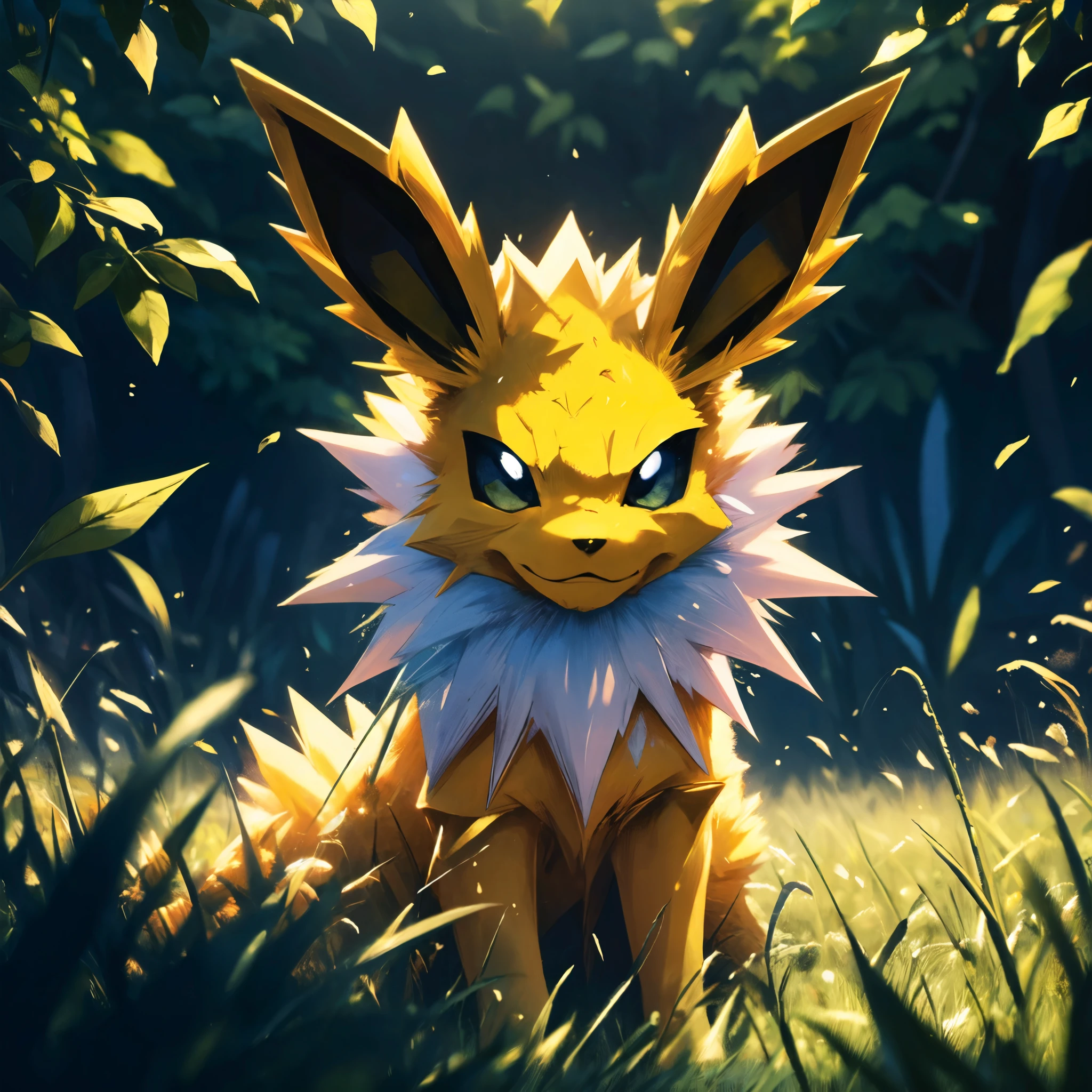 (HD), (ultra-detailed), (masterpiece), (best quality), (sharp focus), (cinematic lighting), (vibrant colors),   <lora:Jolteon_Pokemon_0135_SD_1.5:1> jolteon, pokemon, sitting, happy, grass field, leaves falling