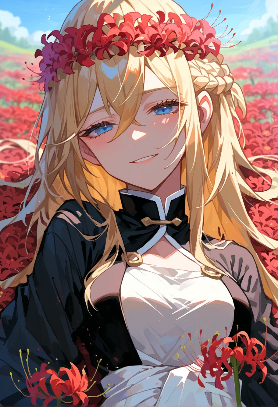 score_9, score_7_up, source_anime, BREAK  <lora:Spiderlily:1> spider lily, flower field, red flower wreath, half-closed eyes, flower bed,
black kimono, light smile, 1girl, blue eyes, very long hair, blonde hair, long blonde hair, french braid, bangs, hair between eyes, medium breasts, on back,