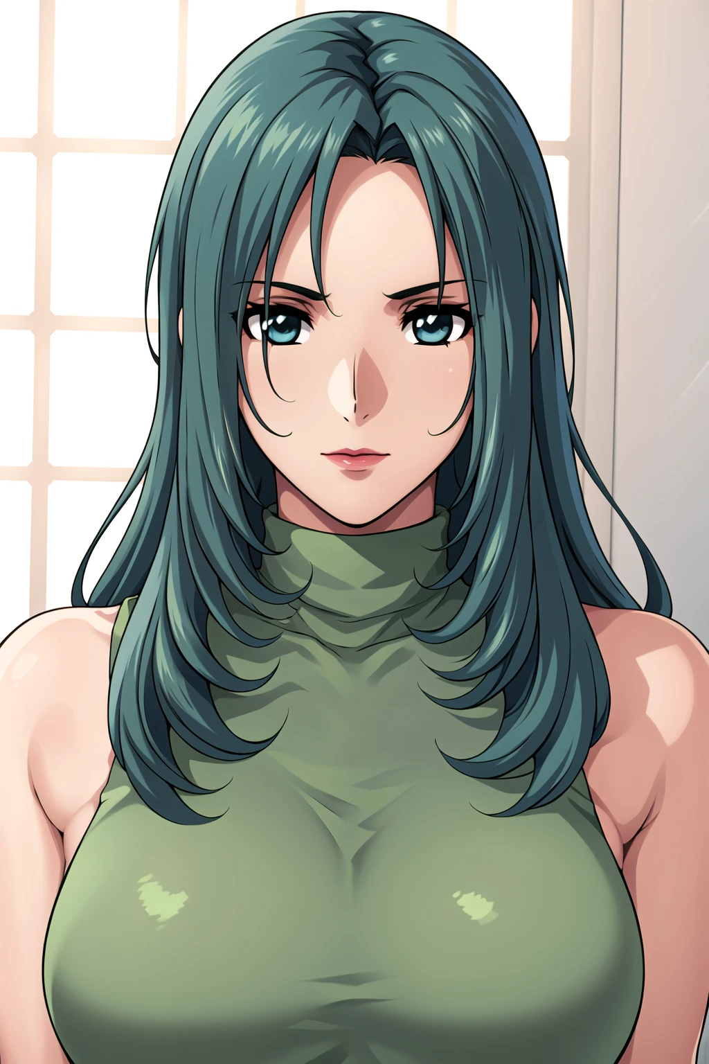 Simple White Background,
dynamic pose,standing at attention,
green shirt, sleeveless, bare shoulders, turtleneck,
<lora:Selene_McGriff_STARGAZER-KK77-V1:0.7>,
blue eyes, Green hair,bangs,Long hair,
<lora:more_details:0.1>,<lora:Oda_Non_Style-KK77-V2:0.3>,<lora:Sexy_AIart-KK77-V1:0.3>,
1 girl, 20yo,Young female,Beautiful long legs,Beautiful body,
Beautiful Nose,Beautiful character design, perfect eyes, perfect face,expressive eyes,perfect balance,
looking at viewer,(Focus on her face),closed mouth, (innocent_big_eyes:1.0),(Light_Smile:0.3),
official art,extremely detailed CG unity 8k wallpaper, perfect lighting,Colorful, Bright_Front_face_Lighting,White skin,
(masterpiece:1.0),(best_quality:1.0), ultra high res,4K,ultra-detailed,
photography, 8K, HDR, highres, absurdres:1.2, Kodak portra 400, film grain, blurry background, bokeh:1.2, lens flare, (vibrant_color:1.2),professional photograph,
(Beautiful,large_Breasts:1.4), (beautiful_face:1.5),(narrow_waist),