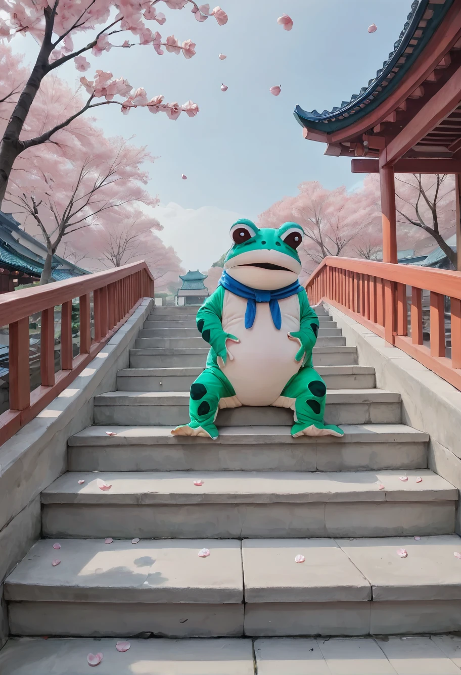 score_9,score_8_up,score_7_up,8k,hd,full body,,ruanyi0642,animal costume,blue scarf,frog,sitting on stairs,cherry blossoms,sky,<lora:0642 frog animal costume_v1_pony:0.9>
